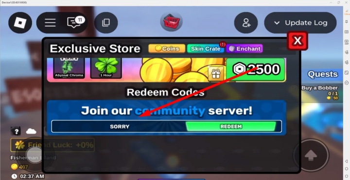 Roblox-Fish it- Redeem menu in Fish It.- Android Cloud Phone
