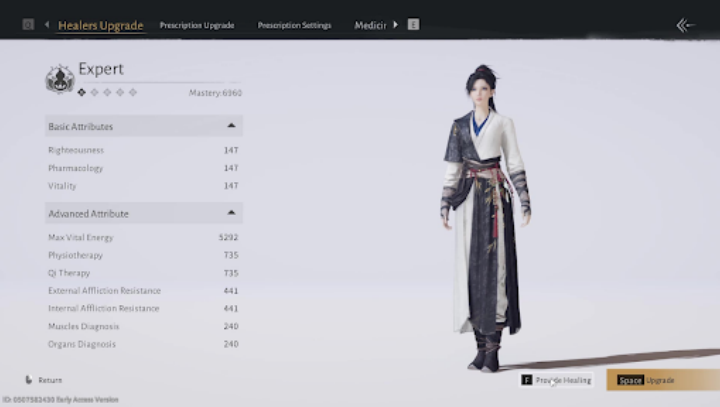 Where Winds Meet healer upgrade tab showing basic and advanced attributes with an option to heal and upgrade- AFK Software