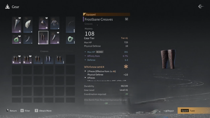 Where Winds Meet gear menu showing different items and their specifications- No disconnect AFK