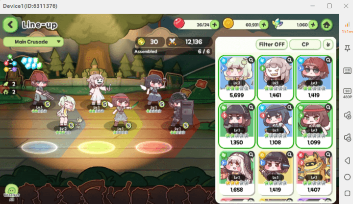 Trickcal: Chibi Go team composition interface for the battle- AFK without draining battery