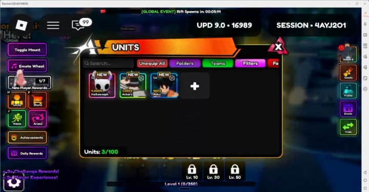 Units in Anime Vanguards- Batch account grinding