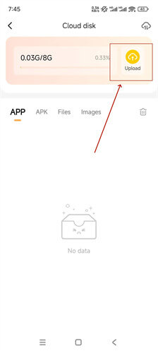 Klik Unggah untuk mentransfer file pilihanmu ke disk cloud - LDCloud Cloud Phone