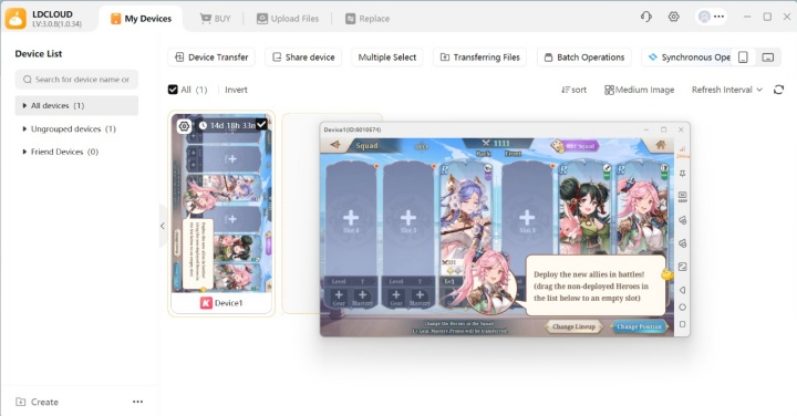 Samkok Fantasy-  Display the character lineup interface in LDCloud- Android Virtual Phone