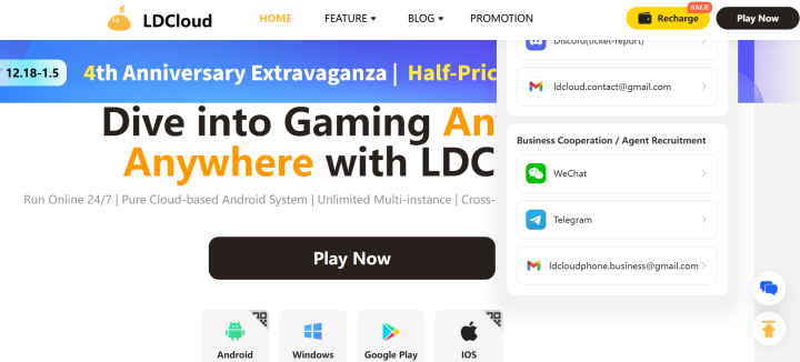 LDCloud website interface showing different options to download the game- Android Virtual Phone