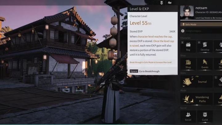 Where Winds Meet gameplay interface showing menu with character Level and EXP details- Batch account grinding