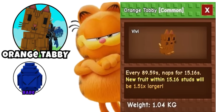Grow A Garden- Image showing the Orange Tabby details- A C-tier pet in Roblox Grow A Garden- Game Multi-instance Tool