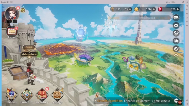 Layar utama Seven Knights Re:BIRTH menampilkan peta dunia penuh area, termasuk gunung berapi, sungai, arena, dan menara tinggi di kejauhan- LDCloud AFK multi-akun