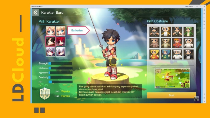 Luna M：ID- Pedang besar yang sedang digenggam oleh Barbarian dan di bawahnya tampak penjelasan singkat karakter ini.- Telepon Virtual Android