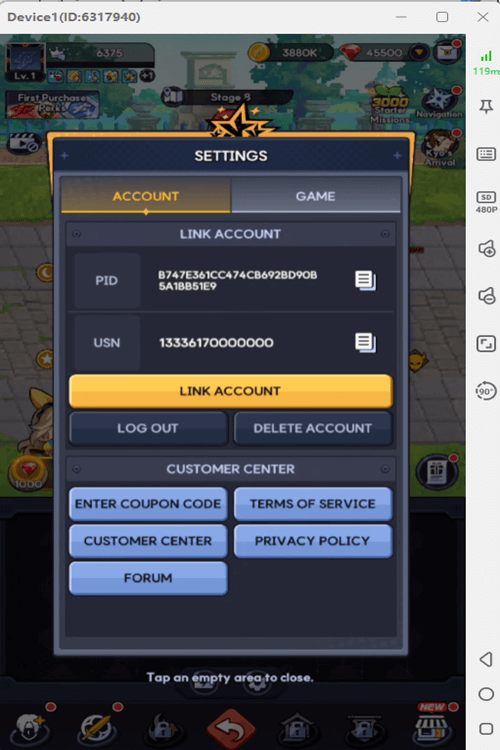 The King Of Fighters AFK settings interface- Android Virtual Phone