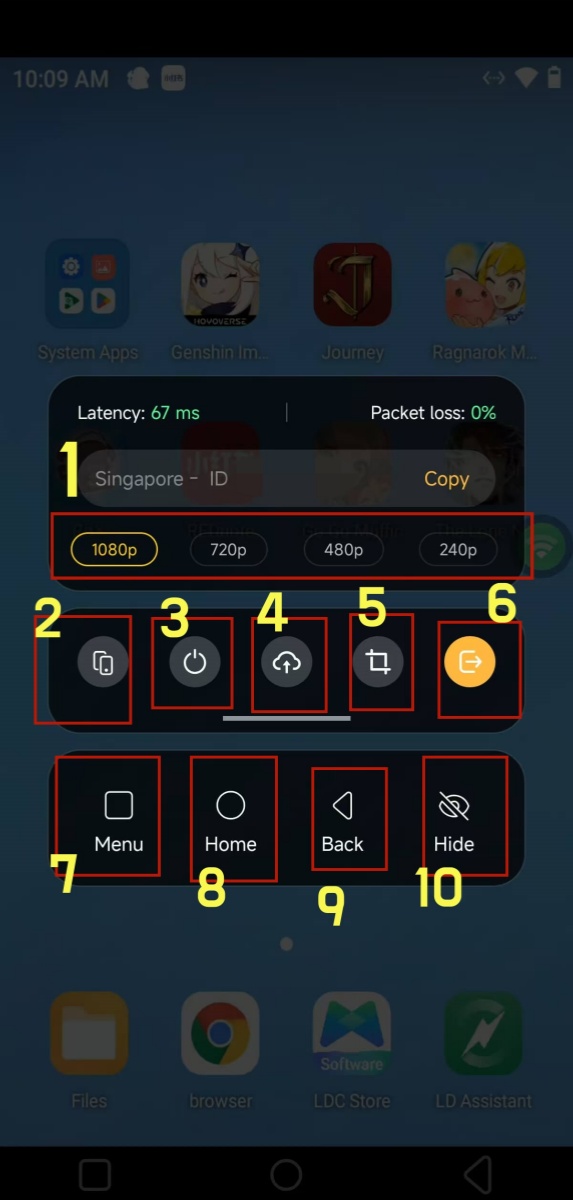 Features options on the floating window - LDCloud Cloud Gaming Emulator