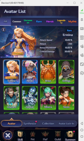 Legend of Avatar- Avatar list of a beginner account in Legend of Avatar  - Game AFK Tool