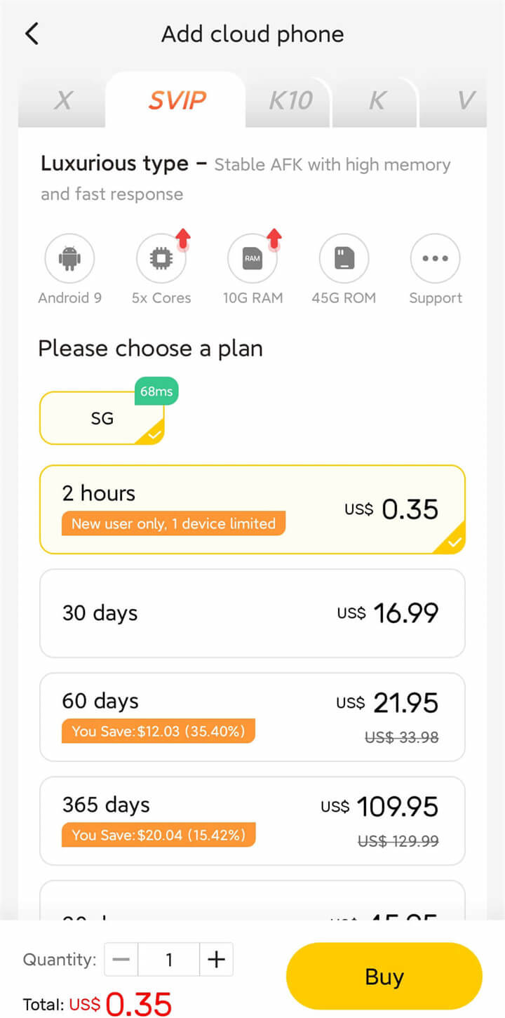SVIP Cloud Phone Plans in LDCloud - LD Cloud Android Emulator