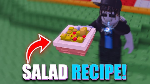 Roblox: Grown A Garden- A character holding a salad with the Roblox Grow A Garden salad recipe written on it- Game AFK Tool