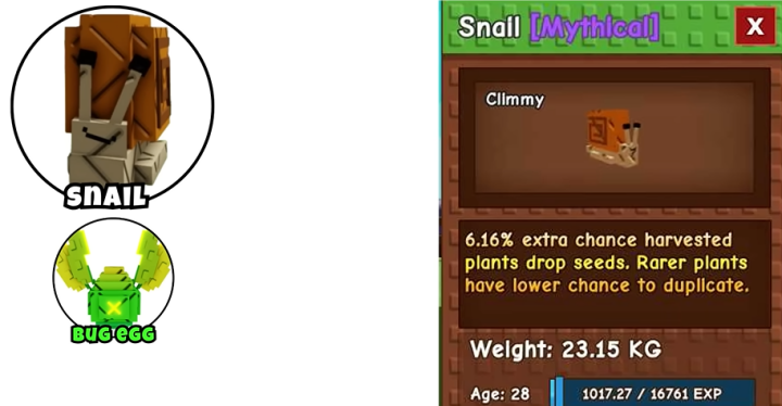 Grow A Garden- Image showing the Snail details- An S-tier pet in Roblox Grow A Garden- LDCloud