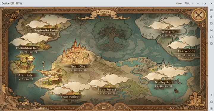 Tree of Savior world- map showing different cities with the level to complete the main quests-virtual phone 
