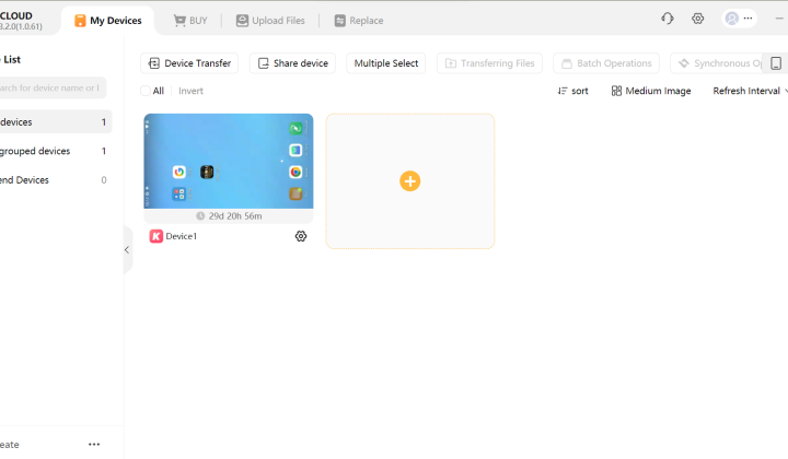 LDCloud app interface showing the option to add a new cloud phone alongside other options 