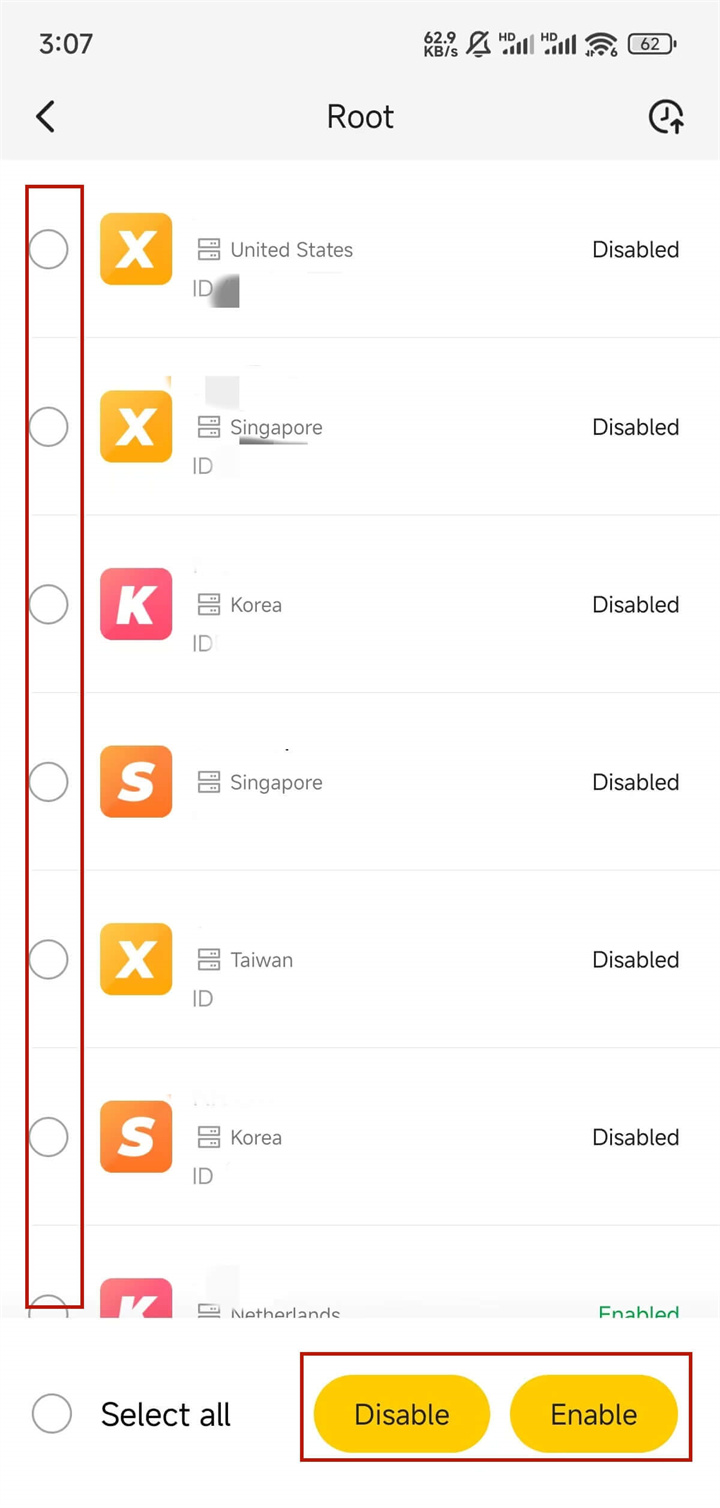 Select the cloud phone device(s) and then disable or enable ROOT at once - LDCloud