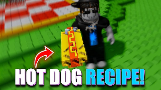 Roblox: Grown A Garden- A character holding a hot dog with the Roblox Grow A Garden salad recipe written on it- Android Virtual Phone