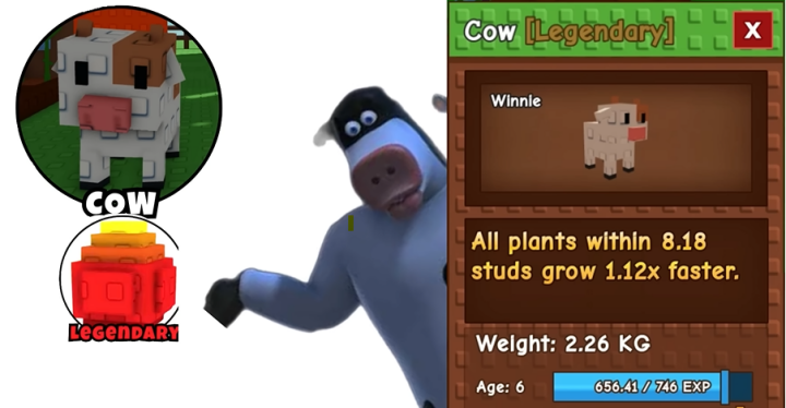 Grow A Garden- Image showing the Cow details- An A-tier pet in Roblox Grow A Garden- Android Virtual Phone