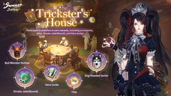 Sword of Justice-Karakter wanita berbusana serba hitam sedang berdiri di hadapan orang di meja- script AFK satu klik