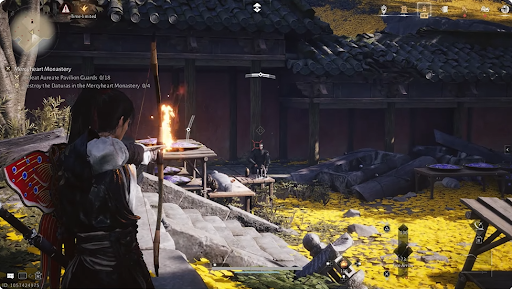 A character pulling a fire arrow to kill guards while clearing the Where Winds Meet Mercyheart Monastery outpost - 24/7 hosting