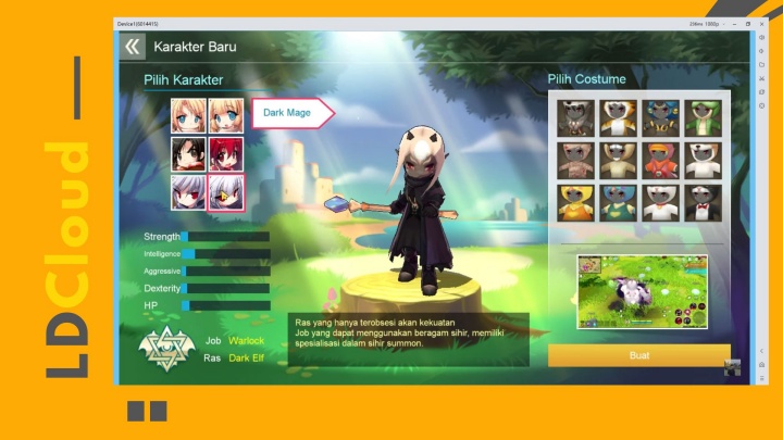 Luna M：ID- tampilan karakter Dark Mage dengan baju hitamnya dan tampilan singkat statusnya.- Telepon Virtual