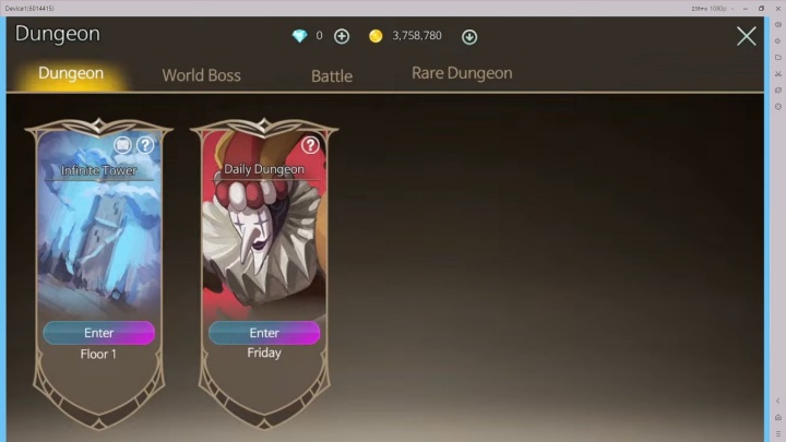 Pilihan dua dungeon, infinite tower dan Daily Dungeon- grinding offline