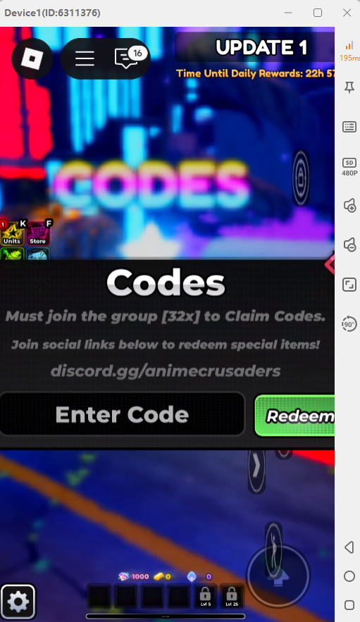 Anime Crusaders' code redeem interface 