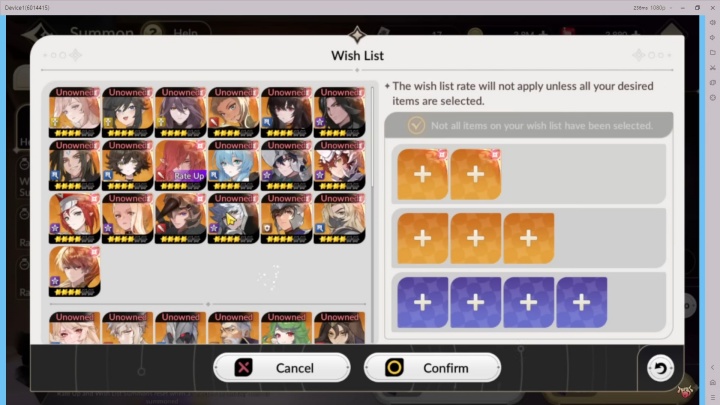 Menu Wishlist summon Seven Knights Re:BIRTH dengan pilihan hero bintang 4 dan 5 yang belum dimiliki- Perangkat Lunak Pembukaan Telepon 