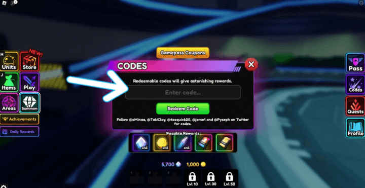 Roblox Anime Vanguards Codes redemption page