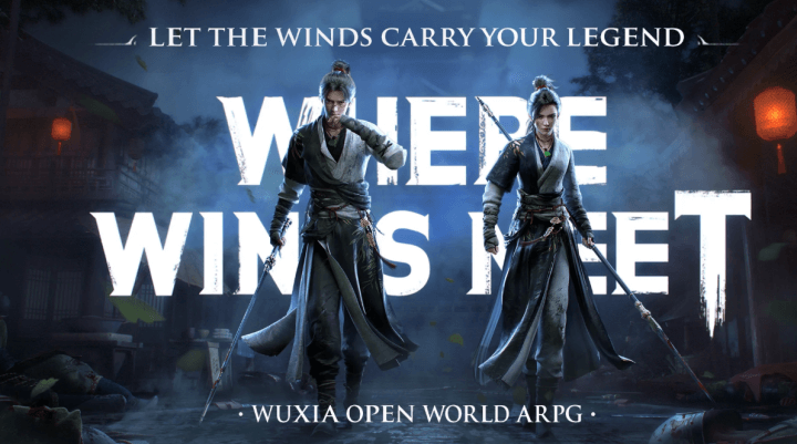 Where Winds Meet cover photo with main characters holding their weapons- AFK without draining battery