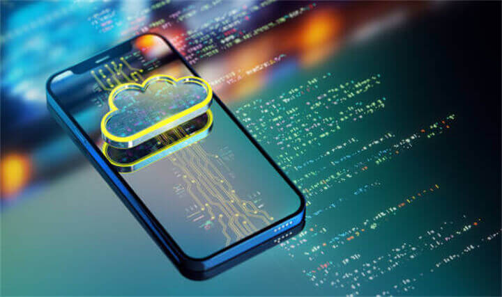 A mobile phone with a cloud logo on it and data flowing in the background - LDCloud Cloud Phone