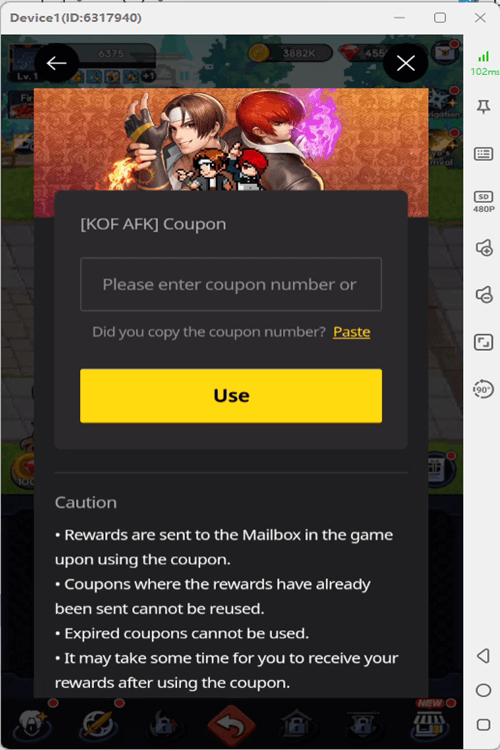The King Of Fighters AFK code redeem interface- Android Virtual Phone