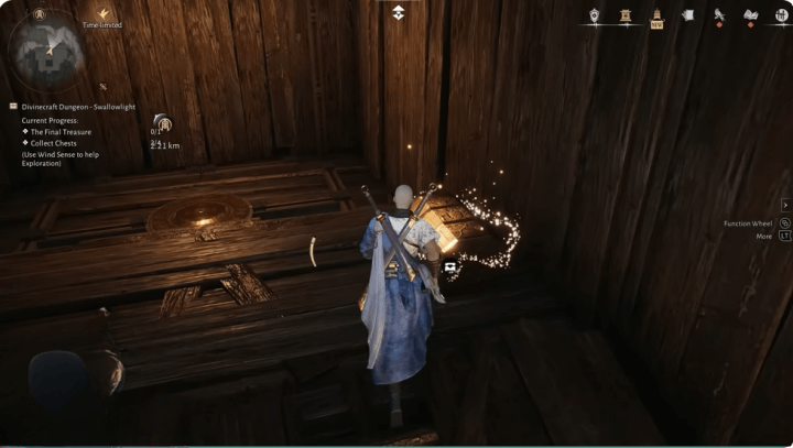 Character collecting a chest in the Where Winds Meet Swallowlight dungeon- AFK Software