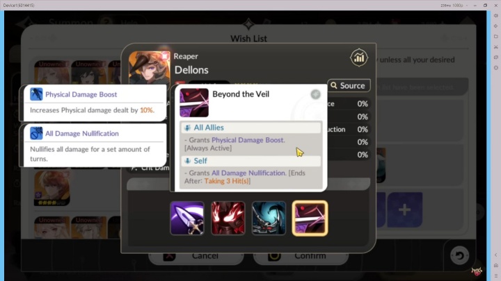Tampilan skill Dellons “Beyond the Veil” di Seven Knights Re:BIRTH yang memberikan Physical Damage Boost untuk tim dan Damage Nullification untuk diri sendiri- grinding offline
