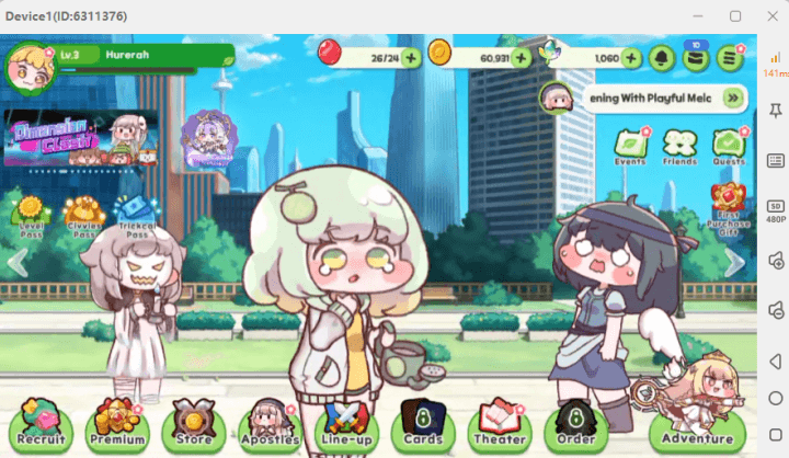 Trickcal: Chibi Go gameplay interface showing game characters and multiple other features- Low latency grinding