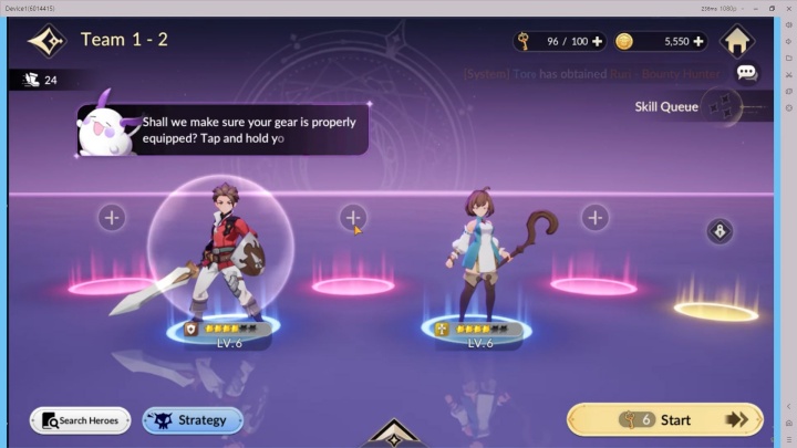 Tampilan formasi tim di Seven Knights Re:BIRTH dengan dua hero level 6, satu bersenjatakan pedang dan perisai, satu lagi membawa tongkat sihir- LDCloud