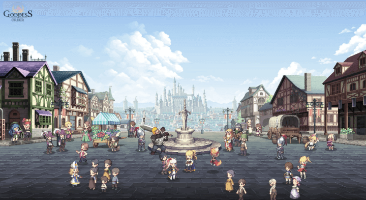Goddess Order cover photo showing the main city with different characters-  LDCloud grinding