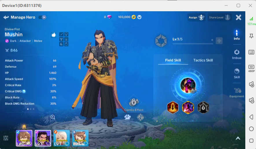 Mushin hero skills, equipment, and other customization options in Blade & Soul Heroes- Batch account grinding