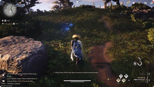 Where Winds Meet gameplay interface showing blue butterflies with a character- Cloud phone hands-free