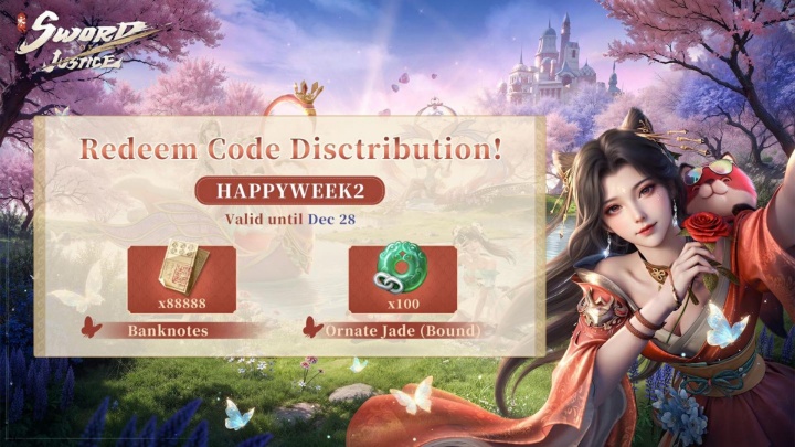 Sword of Justice-Salah satu event redeem code di Sword of Justice dengan karakter cantik berbaju merah- LDCloud AFK multi-akun