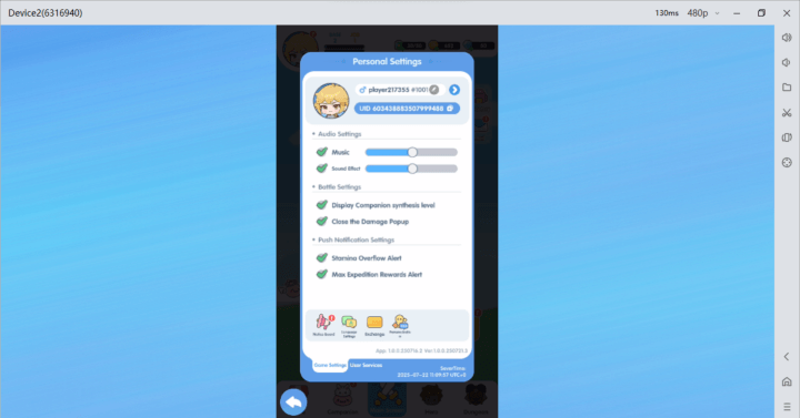 Ragnarok Crush- player profile showing different options- Android Virtual Phone