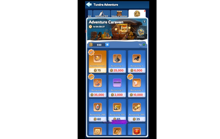 Whiteout Survival- Adventure caravan shop showing items you can buy with coins in Whiteout Survival Tundra games- Android Virtual Phone
