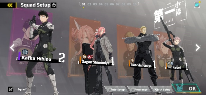 A Kaiju No. 8 The Game team with Kafka Hibino, Sagan Shinomiya, Isao Shinomiya, and Gen Narumi- Game AFK Tool